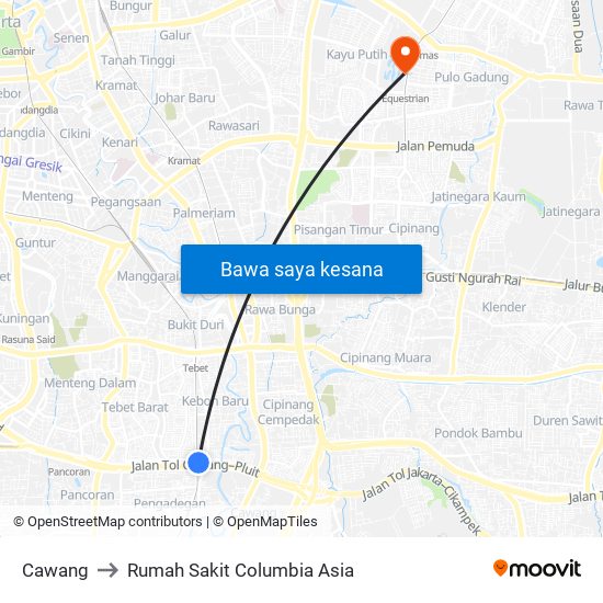 Cawang to Rumah Sakit Columbia Asia map