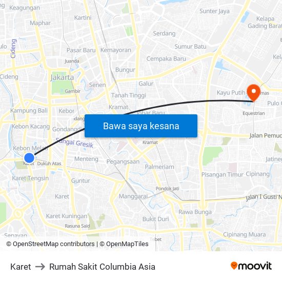 Karet to Rumah Sakit Columbia Asia map