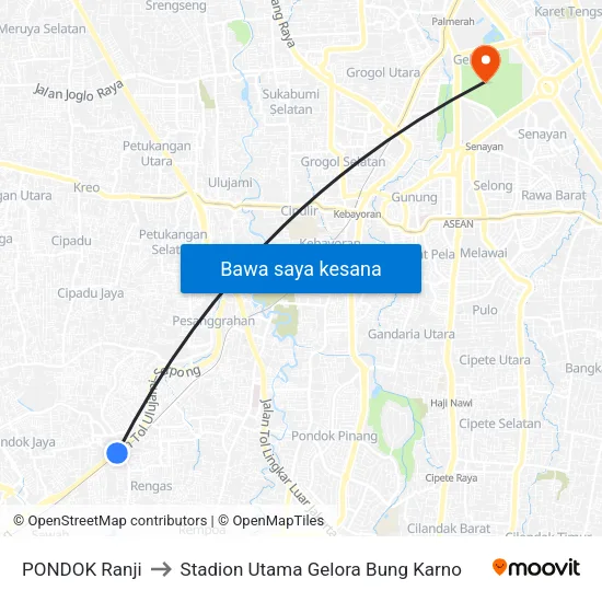 PONDOK Ranji to Stadion Utama Gelora Bung Karno map