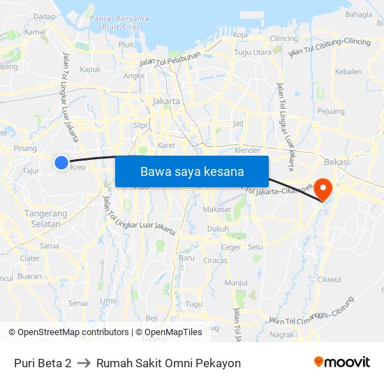 Puri Beta 2 to Rumah Sakit Omni Pekayon map