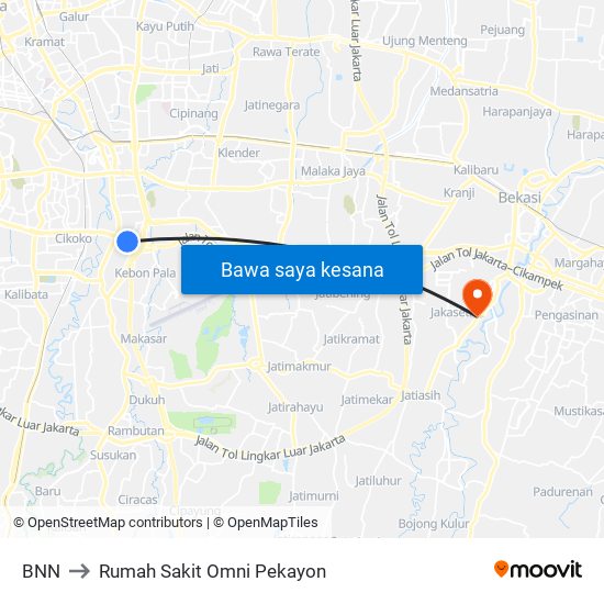 BNN to Rumah Sakit Omni Pekayon map