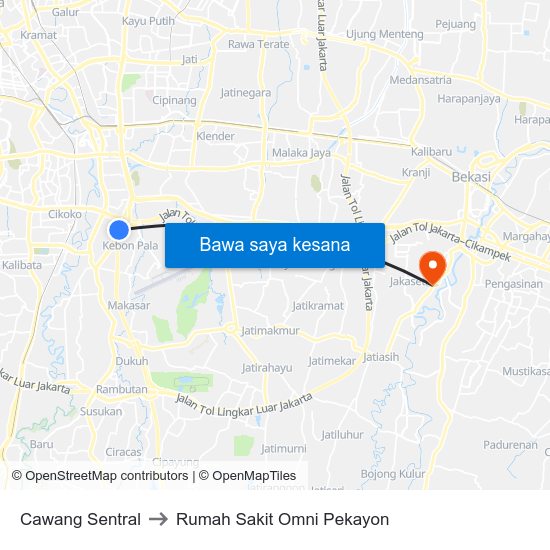 Cawang Sentral to Rumah Sakit Omni Pekayon map