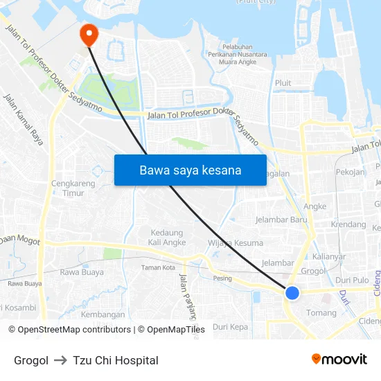 Grogol to Tzu Chi Hospital map