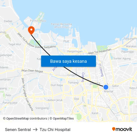 Senen Sentral to Tzu Chi Hospital map