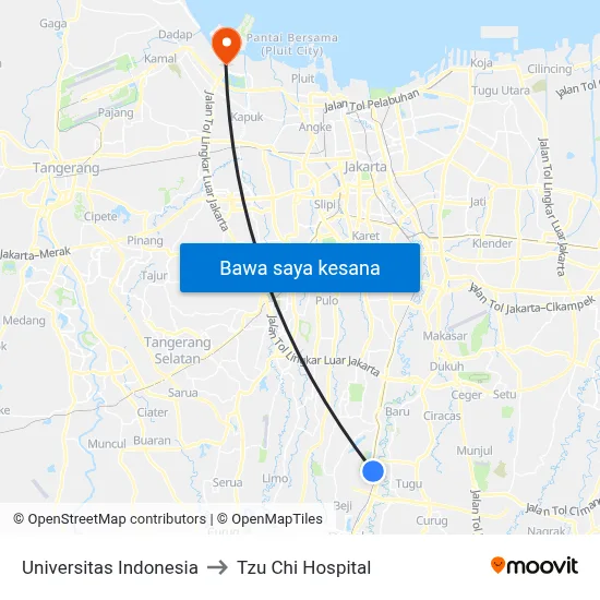 Universitas Indonesia to Tzu Chi Hospital map