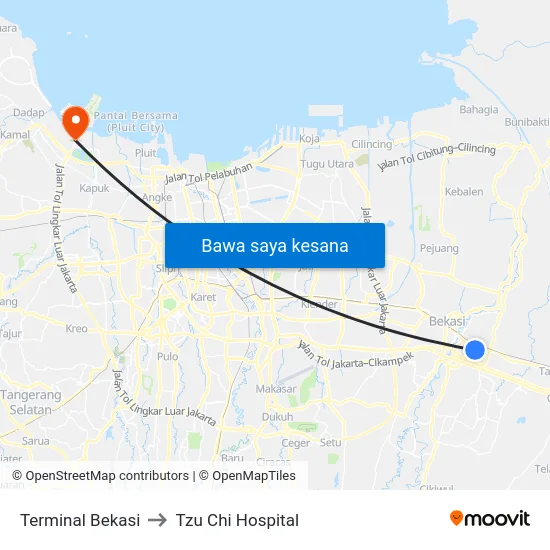 Terminal Bekasi to Tzu Chi Hospital map
