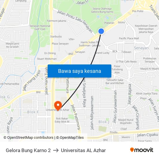 Gelora Bung Karno 2 to Universitas AL Azhar map