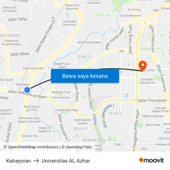 Kebayoran to Universitas AL Azhar map