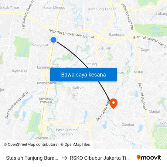 Stasiun Tanjung Barat 2 to RSKO Cibubur Jakarta Timur map