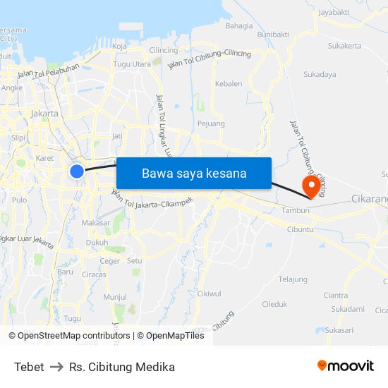 Tebet to Rs. Cibitung Medika map