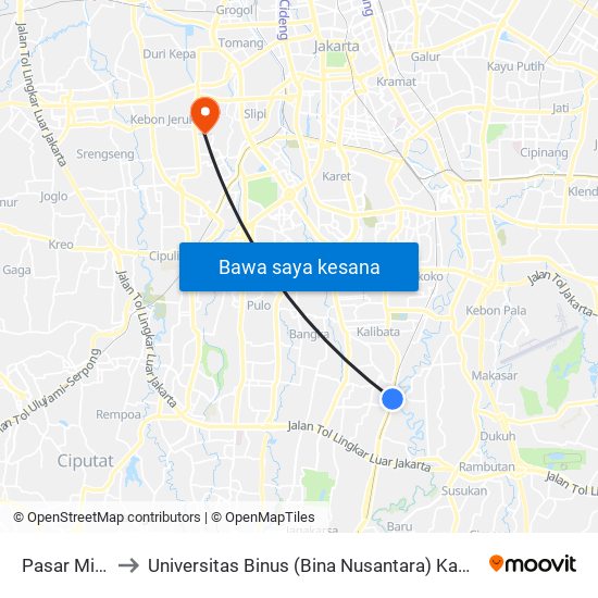 Pasar Minggu to Universitas Binus (Bina Nusantara) Kampus Syahdan map