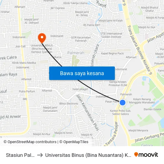 Stasiun Palmerah to Universitas Binus (Bina Nusantara) Kampus Syahdan map