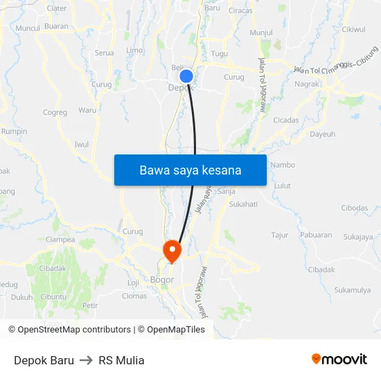 Depok Baru to RS Mulia map