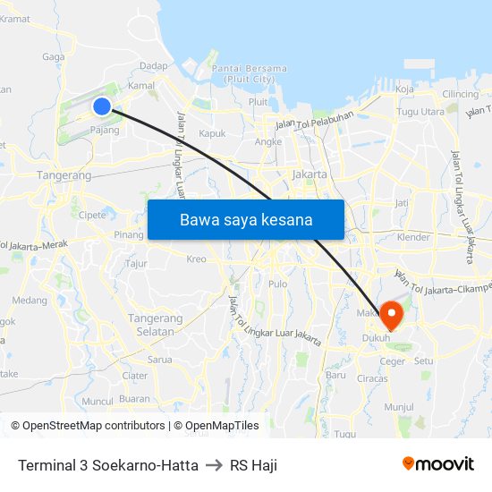 Terminal 3 Soekarno-Hatta to RS Haji map