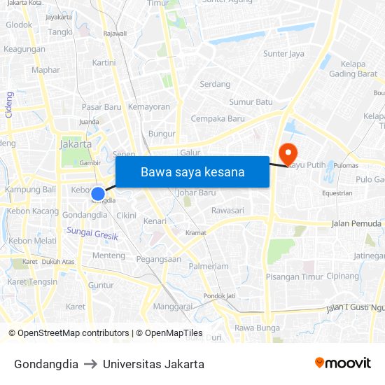 Gondangdia to Universitas Jakarta map