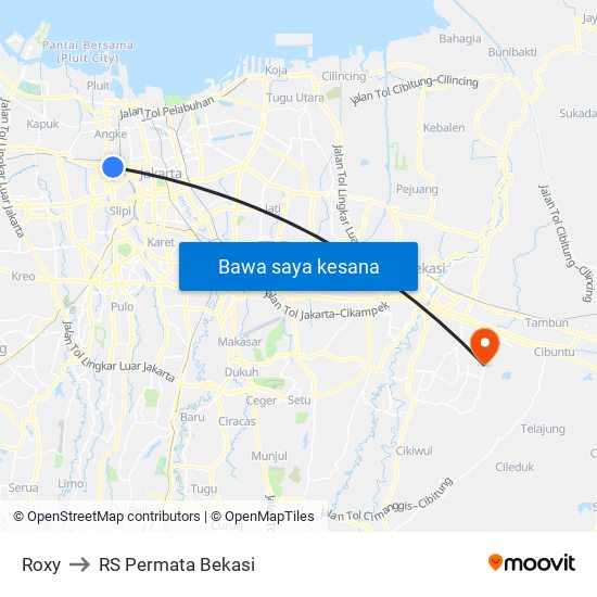 Roxy to RS Permata Bekasi map