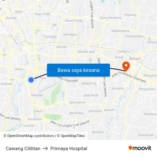 Cawang Cililitan to Primaya Hospital map