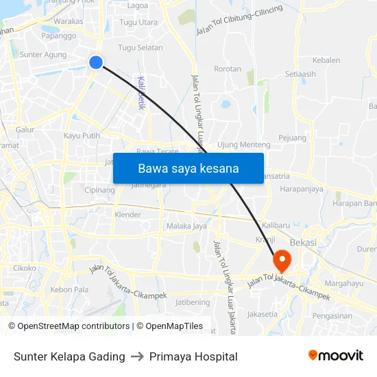 Sunter Kelapa Gading to Primaya Hospital map