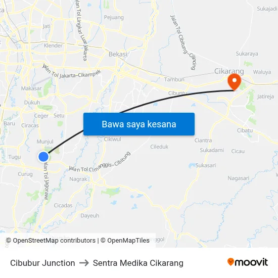 Cibubur Junction to Sentra Medika Cikarang map
