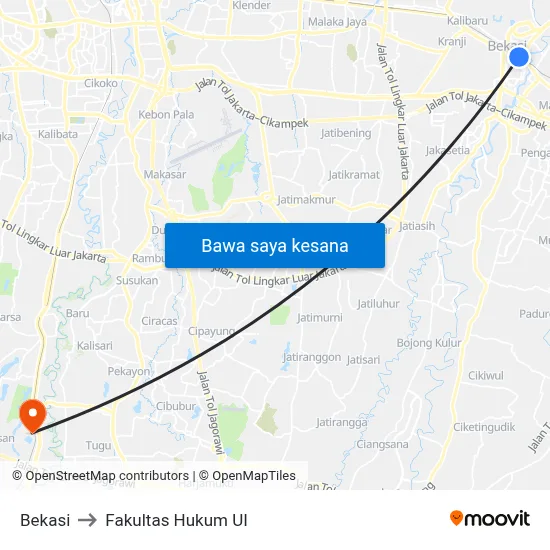 Bekasi to Fakultas Hukum UI map