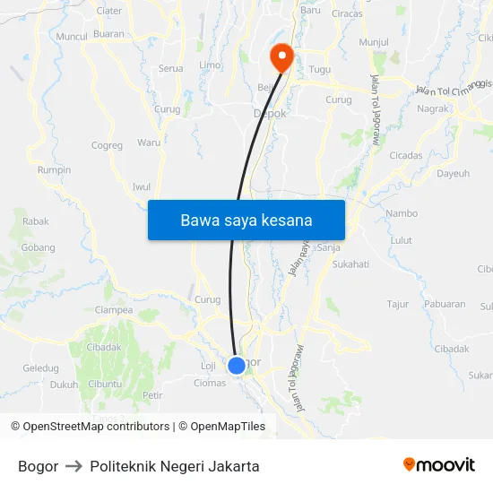 Bogor to Politeknik Negeri Jakarta map