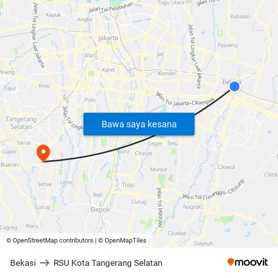 Bekasi to RSU Kota Tangerang Selatan map