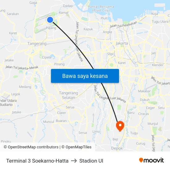 Terminal 3 Soekarno-Hatta to Stadion UI map