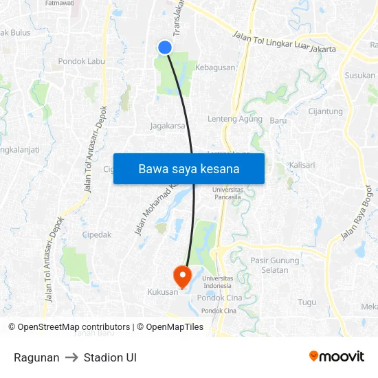 Ragunan to Stadion UI map