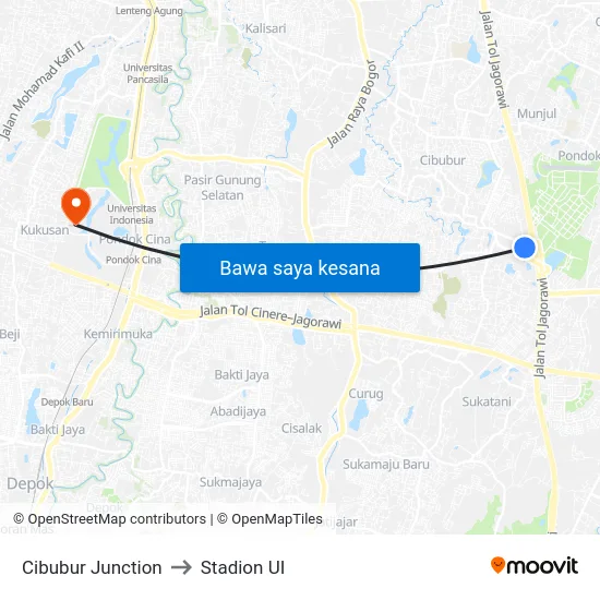 Cibubur Junction to Stadion UI map