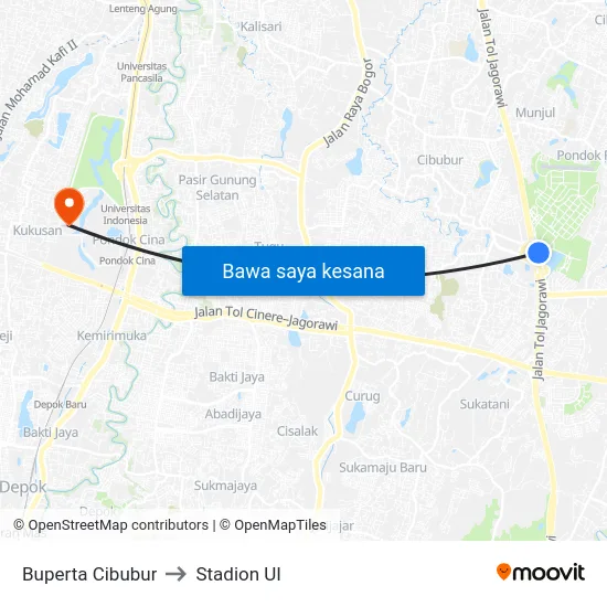 Buperta Cibubur to Stadion UI map