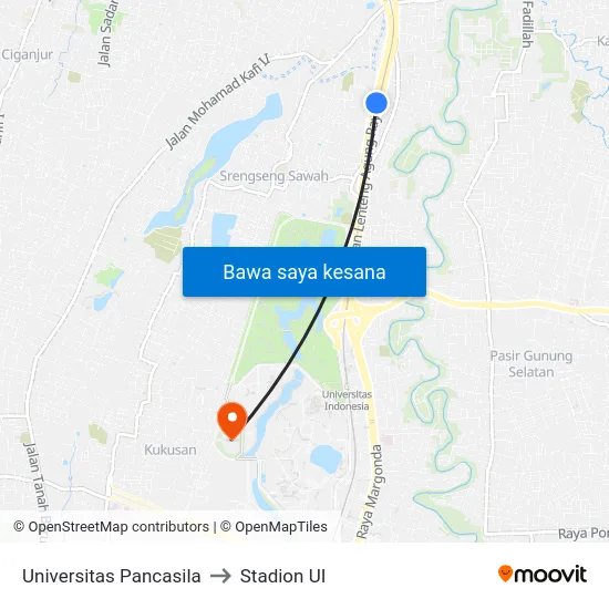 Universitas Pancasila to Stadion UI map