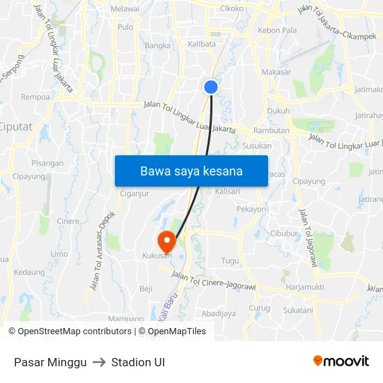 Pasar Minggu to Stadion UI map