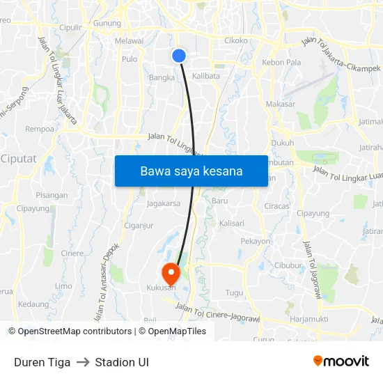 Duren Tiga to Stadion UI map