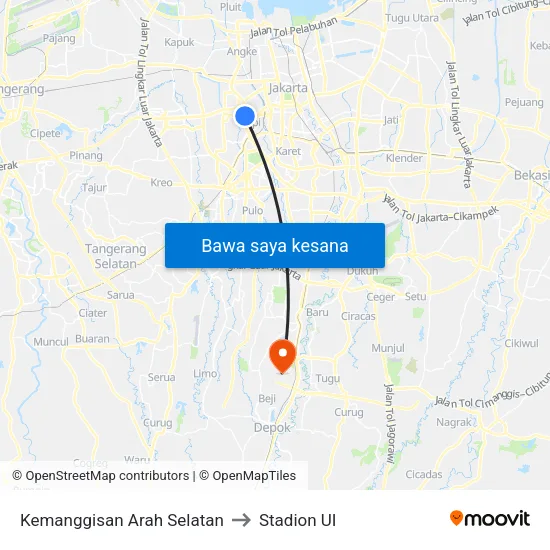 Kemanggisan Arah Selatan to Stadion UI map