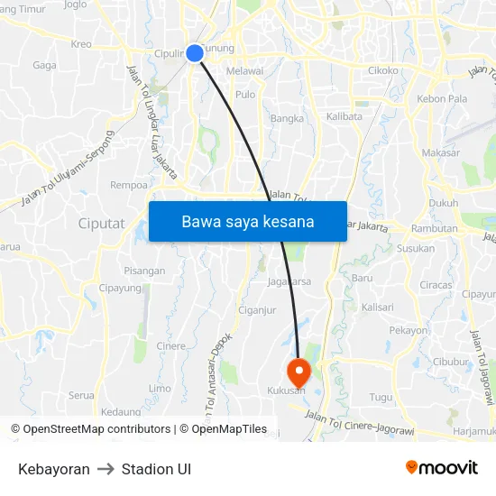 Kebayoran to Stadion UI map