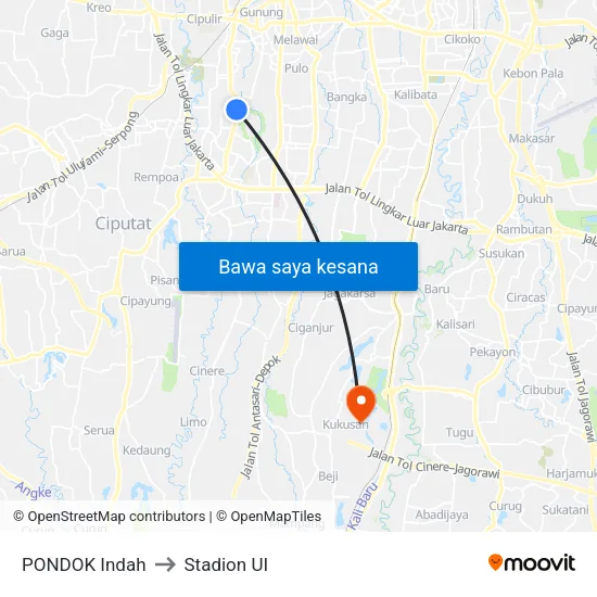PONDOK Indah to Stadion UI map