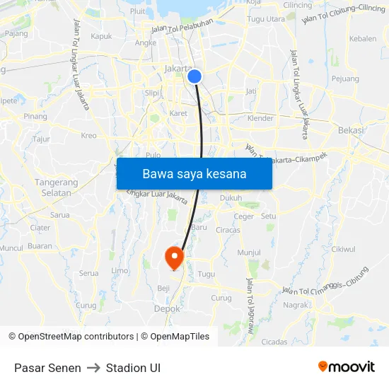 Pasar Senen to Stadion UI map