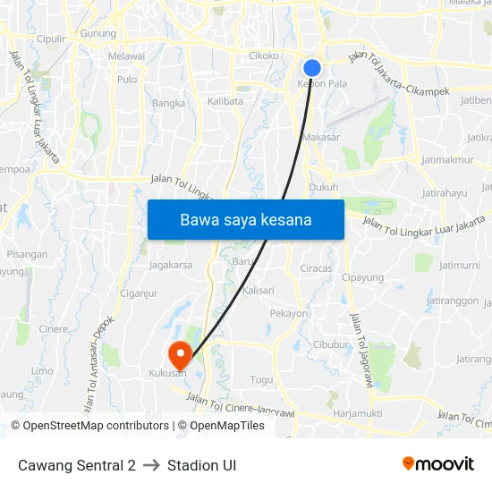 Cawang Sentral 2 to Stadion UI map