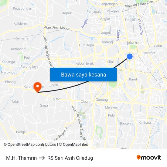 M.H. Thamrin to RS Sari Asih Ciledug map