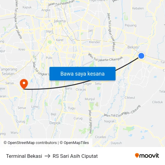 Terminal Bekasi to RS Sari Asih Ciputat map