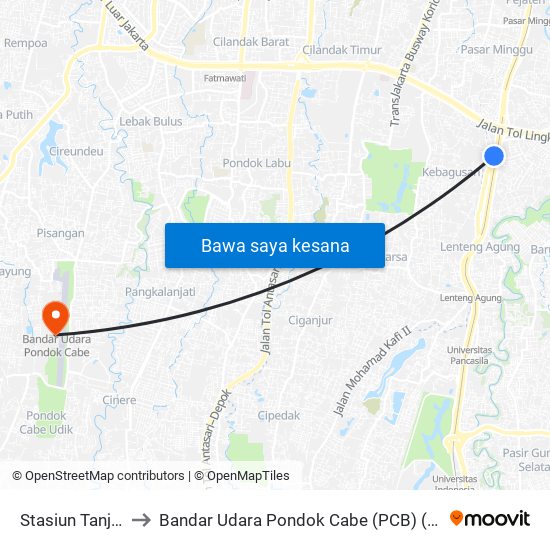 Stasiun Tanjung Barat 2 to Bandar Udara Pondok Cabe (PCB) (Bandar Udara Pondok Cabe) map