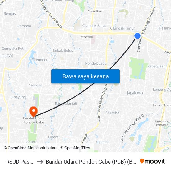 RSUD Pasar Minggu to Bandar Udara Pondok Cabe (PCB) (Bandar Udara Pondok Cabe) map
