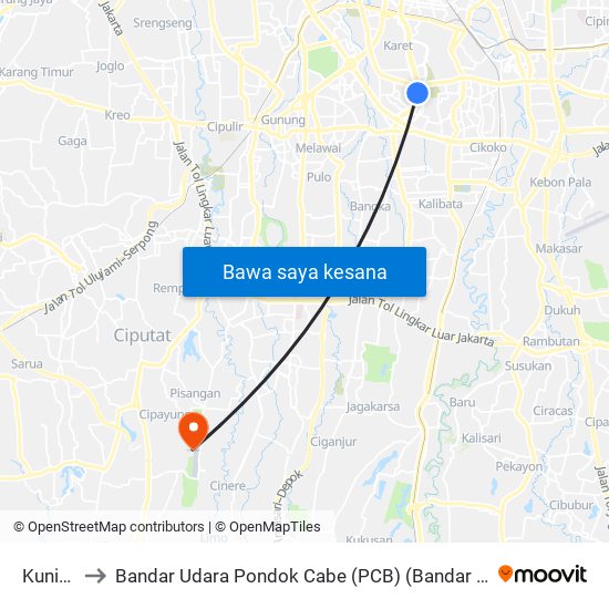 Kuningan to Bandar Udara Pondok Cabe (PCB) (Bandar Udara Pondok Cabe) map