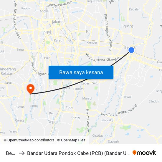 Bekasi to Bandar Udara Pondok Cabe (PCB) (Bandar Udara Pondok Cabe) map