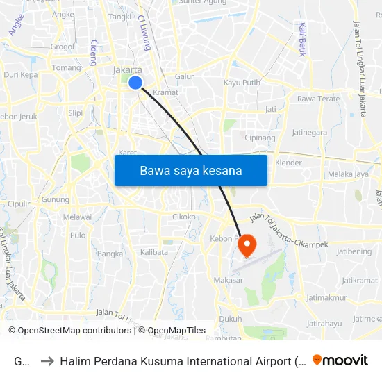Gambir 2 to Halim Perdana Kusuma International Airport (HLP) (Bandar Udara Internasional Halim Perdana Kusuma) map