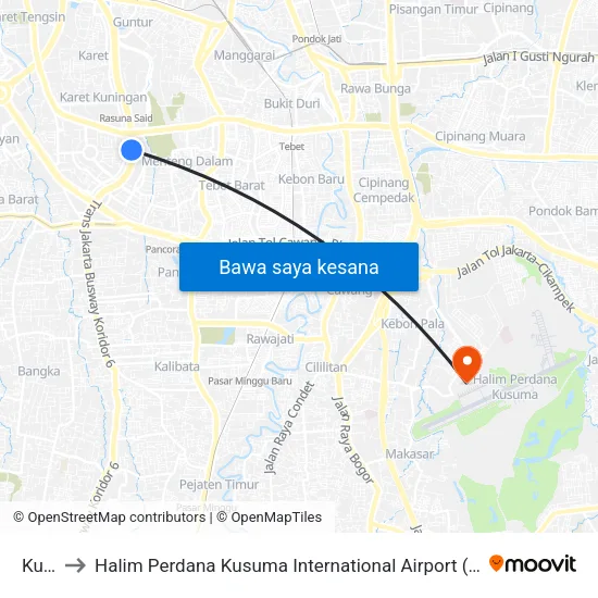 Kuningan to Halim Perdana Kusuma International Airport (HLP) (Bandar Udara Internasional Halim Perdana Kusuma) map