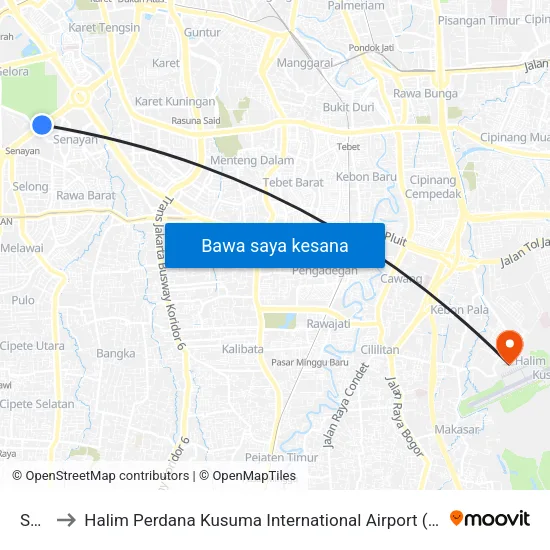 Senayan to Halim Perdana Kusuma International Airport (HLP) (Bandar Udara Internasional Halim Perdana Kusuma) map