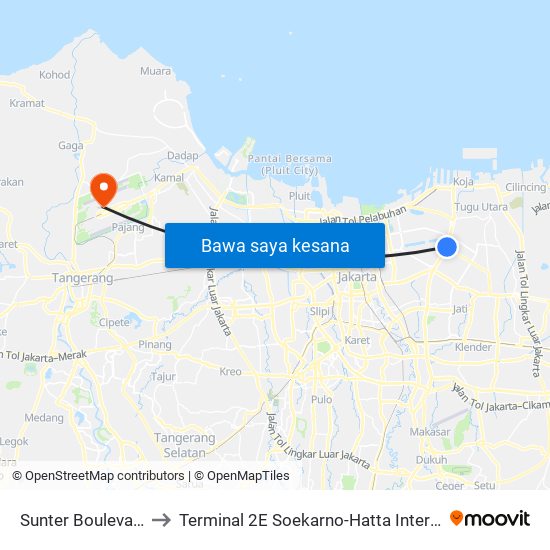 Sunter Boulevard Barat to Terminal 2E Soekarno-Hatta International Airport map