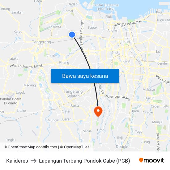 Kalideres to Lapangan Terbang Pondok Cabe (PCB) map