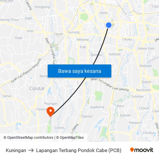 Kuningan to Lapangan Terbang Pondok Cabe (PCB) map